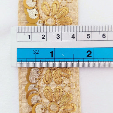 Indian Sari Trim, Beige Art Silk Fabric With Gold Thread Embroidered Flowers Trim, Gold Sequins